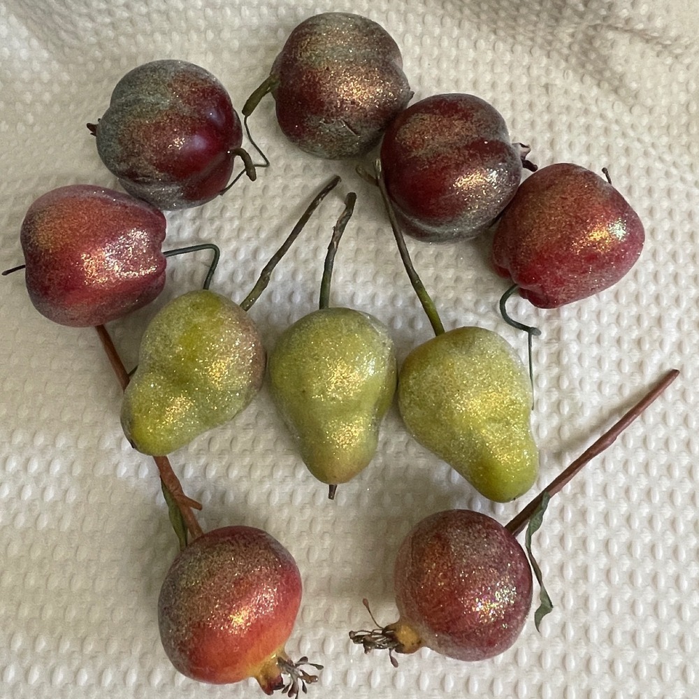 Glittered Artificial Fruit Decor Set 10 pc Red Green Pears Apples Pomegranates